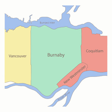 Greater Vancouver municipalities map showing Burnaby and Coquitlam vector illustration
