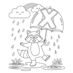 Naklejka premium Happy raccoon coloring page. Alphabet letter X illustration. Adorable cartoon animal holding an umbrella with the letter X, jumping in puddles under a rainbow cloud in the rain. Fun rainy day activity