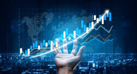 A hand reaches toward a rising financial graph illuminated by digital elements, symbolizing growth and success in a global economy, set against an urban backdrop. Impute