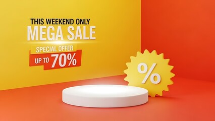 Weekend mega sale special offer up to 70 percent discount promotion display