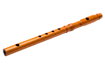Handcrafted wooden flute wind instrument with finger holes on a transparent background