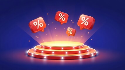 3d podium display with floating percentage discount icons for sales promotion