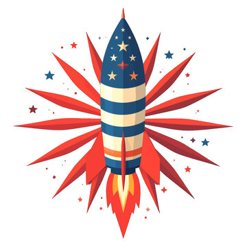 Retro Pixel Art Rocket Ship With American Flag Colors Exploding Starburst Effect White Background