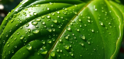 Large green leaf glistening with many raindrops, sunlight reflecting,  sunlight,  nature
