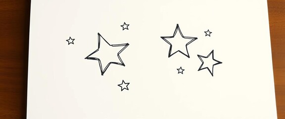 Obraz premium Whimsical, unevenly sized stars sketched in black ink on white paper, ink, night sky