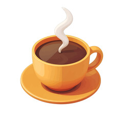 A Steaming Hot Cup of Coffee in a Vibrant Orange Mug on a Matching Saucer with White Wispy Steam Rising Upwards Against a Clean White Background.