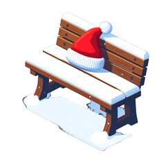 Festive Red Santa Hat Resting On A Snow Covered Wooden Park Bench During Winter With White Background