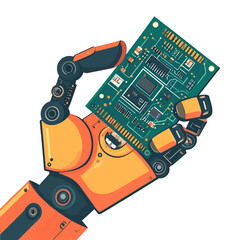 Robotic Hand Holding a Green Circuit Board with Integrated Circuits and Components Isolated on White Background