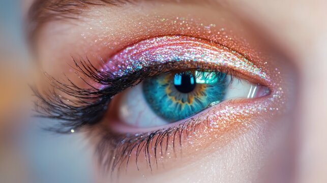 Close-up of a blue eye with colorful eyeshadow and glitter, set against a blurred background. - Powered by Adobe