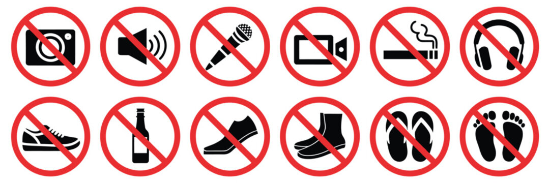 Prohibition sign icon set, featuring flat vector red circle symbols showing no camera, phone, food, pets, smoking, fire, noise and other restrictions, isolated on white background for safety 