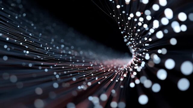 Cinematic view of glowing data points and fiber optic cables spiraling in a dark digital space.