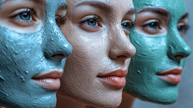 Three women with textured, green and blue face masks, standing side by side in a studio setting with neutral background.