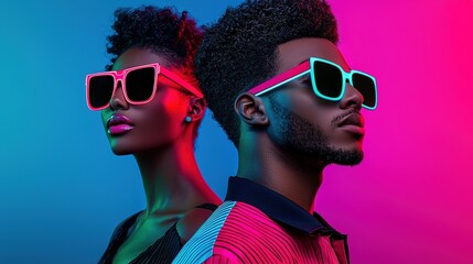 Modern aesthetics vibrant neon portraits of stylish people in an urban environment