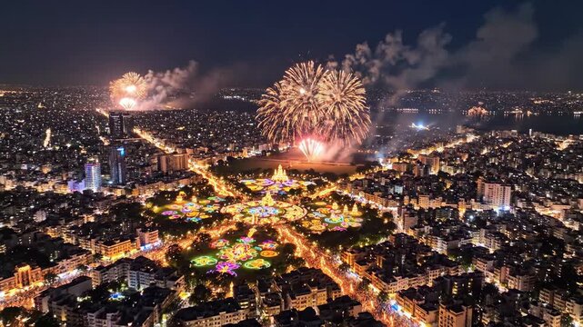 Fireworks Over a City Festival at Night - An aerial shot captures a vibrant city celebration at night, featuring fireworks illuminating the sky above an elaborately decorated park.