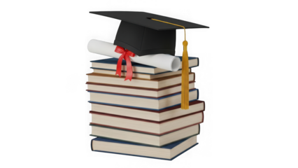 Stack of books with graduation cap and diploma