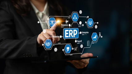 A business professional engages with a digital ERP interface, highlighting various features such as planning and payroll while emphasizing streamlined enterprise efficiency. Tessel