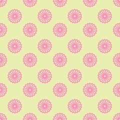 Fototapeta premium Retro-style geometric floral seamless pattern with bright pink sunburst flowers on a light yellow-green background. Great for textile, fabric, wrapping, wallpaper, and abstract design.