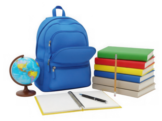 Backpack, books, and globe