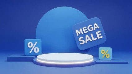 3d rendering of a mega sale promotion display with percentage signs on blue background