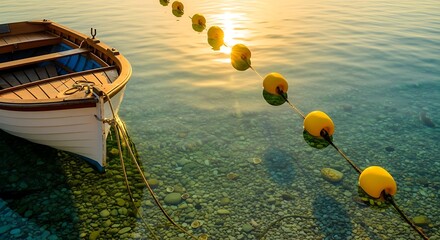 Wooden rowboat tied near bright yellow flotation markers in calm, clear water at sunset