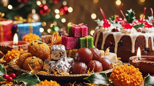 Festive Assortment of Traditional Sweets and Treats - A beautifully arranged platter showcases an assortment of colorful traditional sweets, including round and square shapes, alongside a festive