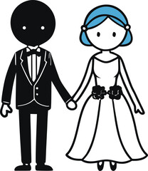 Simple cartoon illustration of a newlywed couple, a bride and groom holding hands