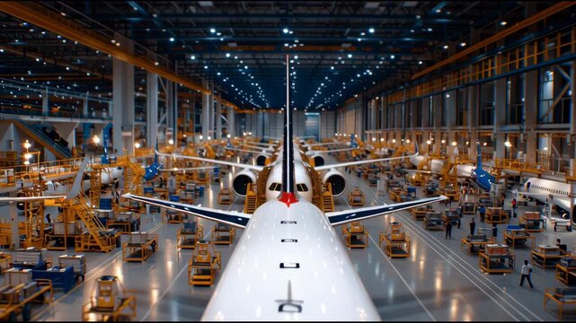 A large white airplane is sitting in a large hangar. The hangar is lit up with bright lights, giving the impression of a busy and active work environment. The airplane is surrounded by various tools