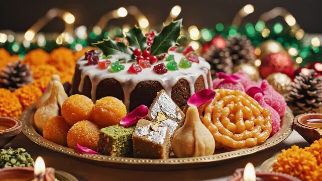 Festive Dessert Platter for Celebrations - A beautifully arranged platter featuring an assortment of traditional festive sweets, including a rich fruitcake topped with icing and holly, vibrant gulab