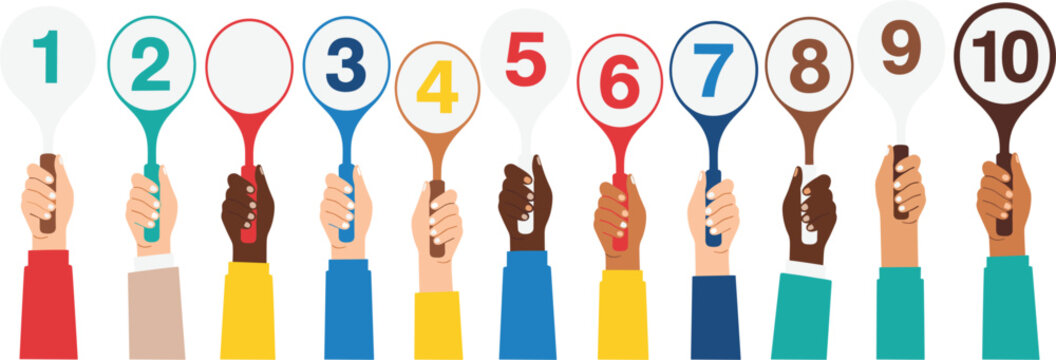 Hands holding numbered score paddles one to ten rating scale feedback evaluation voting and satisfaction concept illustration