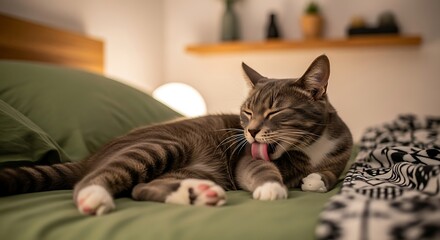Domestic feline with striped coat meticulously grooms itself while resting upon soft bedding