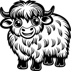 Happy highland cow with big eyes and fluffy fur