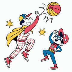 Cartoon characters playing basketball with fun and energy