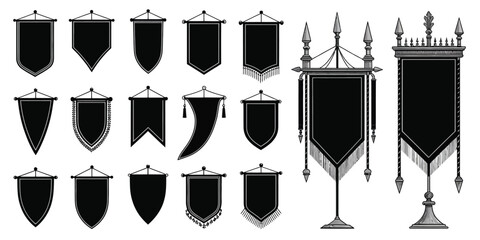 Royal flags vector collection, showing medieval banners, heraldic symbols, empty trophy standards and decorative historical elements, perfect for design, game graphics, educational projects 