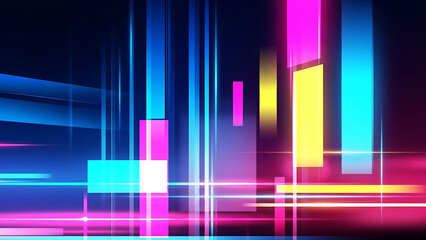 Abstract neon light composition with glowing rectangles and lines in blue pink and yellow