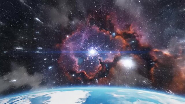 Futuristic Year 2027 with Earth and Stars Background - The video displays the year "2027" prominently in a sparkling golden font against a cosmic background filled with stars and a colorful nebula.