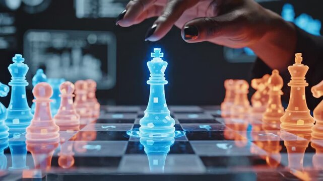Futuristic Chess Gameplay - A hand delicately places a glowing blue king piece on a transparent chessboard, with orange pieces in the backdrop.