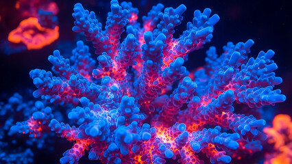 Fototapeta premium Blue coral with red glow in dark water showing underwater ocean marine