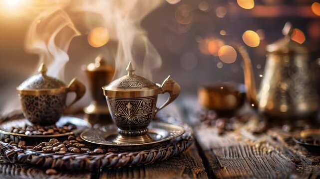 Traditional Arabic coffee pot and cup on a wooden table with roasted coffee beans and warm steam.