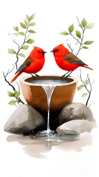 In einem lebendigen Aquarell thronen zwei zarte Rotkehlchen anmutig am Rand einer ruhigen, seichten. Generated Ai