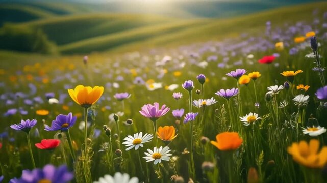 Spring hill wildflowers video, colorful wildflowers blooming across gentle hills, bright fresh spring colors