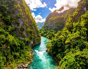 Aerial view of a turquoise river cutting through lush, verdant mountains