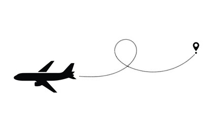 Airplane flight path with a destination marker simple black and white illustration