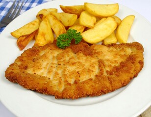A golden-brown, breaded cutlet rests beside a heap of potato wedges on a white plate. A sprig of parsley adds color