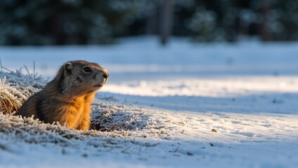 Obraz premium Wild marmot portrait in winter snow during golden hour. Rodent emerging from burrow 