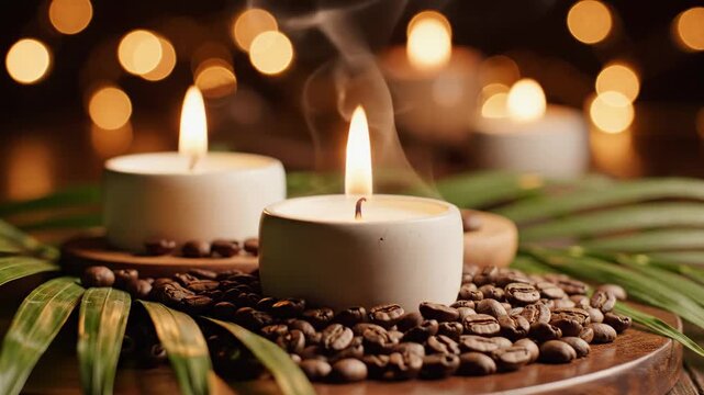 Coffee Scented Candles Ambiance - This video shows two lit white candles surrounded by coffee beans and green leaves on a wooden surface.