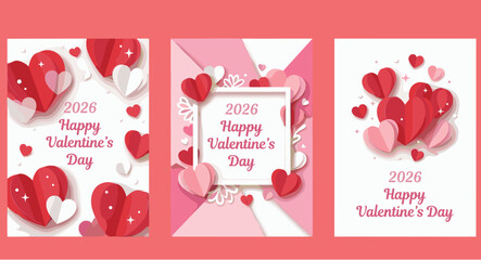 2026 Happy Valentine's Day greeting cards set with heart shapes romantic love design for celebration poster banner template illustration collection