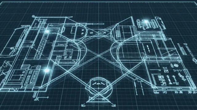 Blueprint architectural drawing of a building's floor plan with glowing blue lines on a dark grid background.