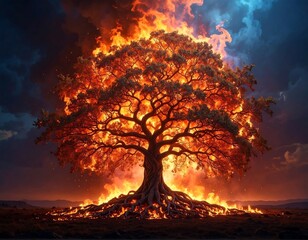 A fiery tree engulfed in flames against a dramatic, stormy sky
