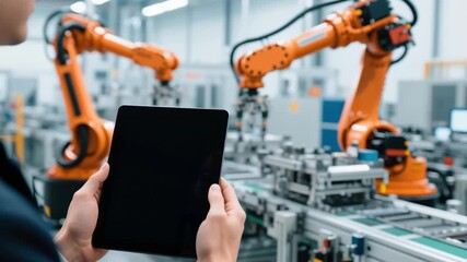 Predictive maintenance engineer. Person holding digital tablet modern factory with orange robotic arms working automated assembly line showcasing advanced industrial technology automation - Powered by Adobe