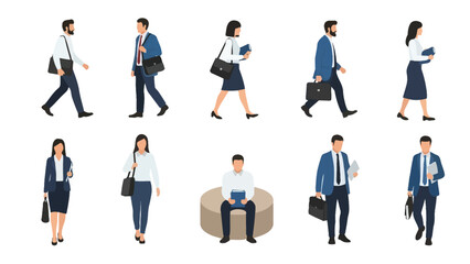 Set of vector illustrations featuring a collection of diverse businesswomen in formal and smart casual attire, shown standing, walking, and sitting in various poses.
